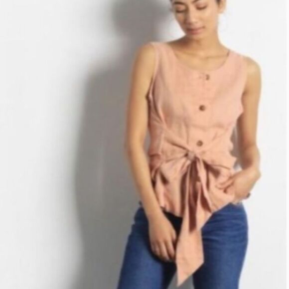 Mod Ref Salmon Peach Linen Front Tie Sleeveless Top Size L - Picture 2 of 10